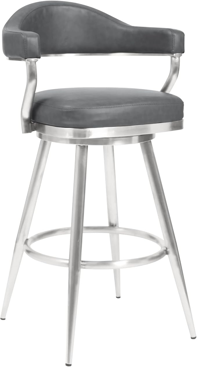 Armen Living Justin Modern Farmhouse 26" Seat Height Swivel Vintage Gray Faux Leather Bar Stool with Brushed Stainless Steel Legs for Kitchen Island Counter