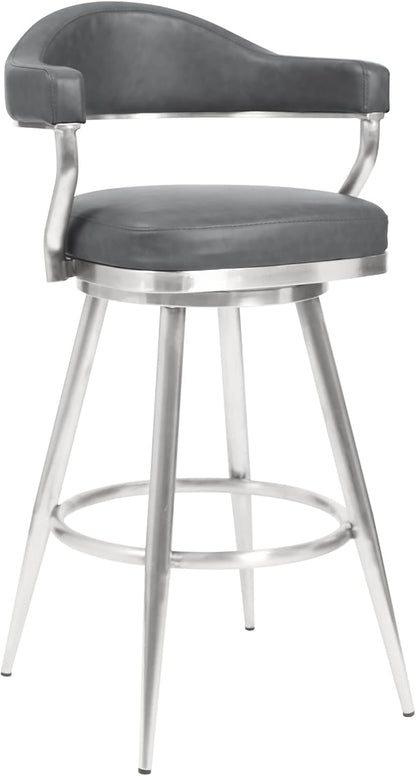 Armen Living Justin Modern Farmhouse 26" Seat Height Swivel Vintage Gray Faux Leather Bar Stool with Brushed Stainless Steel Legs for Kitchen Island Counter