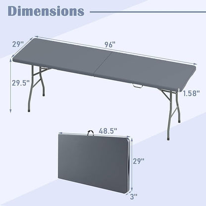 Tangkula 8 FT Folding Table, Indoor Outdoor Foldable Plastic Table with HDPE Tabletop, Sturdy Metal Fame, Carrying Handle, Heavy Duty Portable Fold-in-Half Picnic Table for Camping BBQ Party