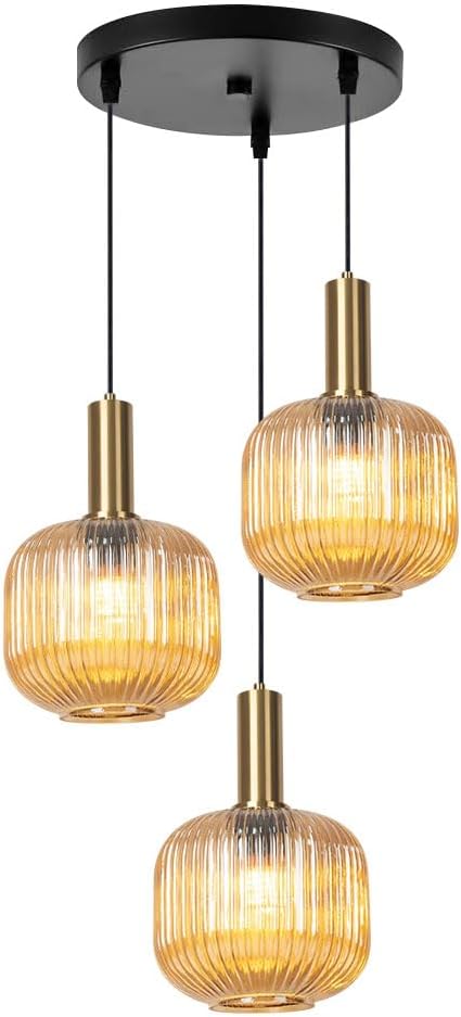 3-Light Cluster Pendant Lights Glass Globe Chandelier Amber Adjustable Hanging Ceiling Lighting Mid Century Modern Gold Pendant Lamps for Bedroom Dining Room Living Room