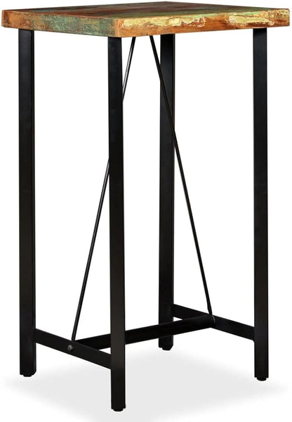 Multicolored Reclaimed Wood Bar Table with Black Steel Legs, 4-Piece Set for Dining Room and Home Bar, Compact Design and Easy Maintenance