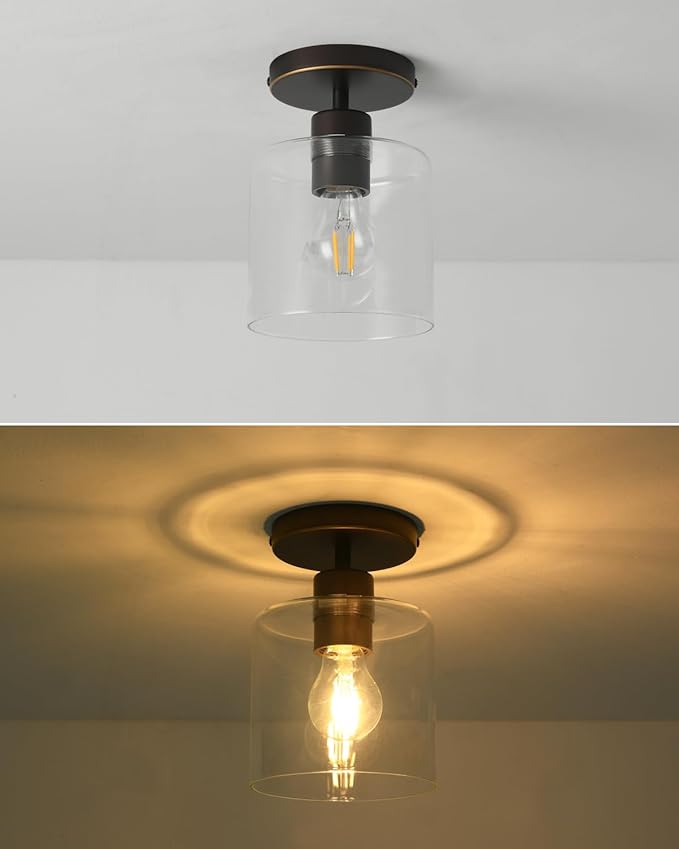 Brown and Gold Semi Flush Mount Ceiling Light,Modern Farmhouse Ceiling Light Fixture for Closet Entryway,Hallway Light Fixture 5.9in Clear Glass Shade 1 Pack