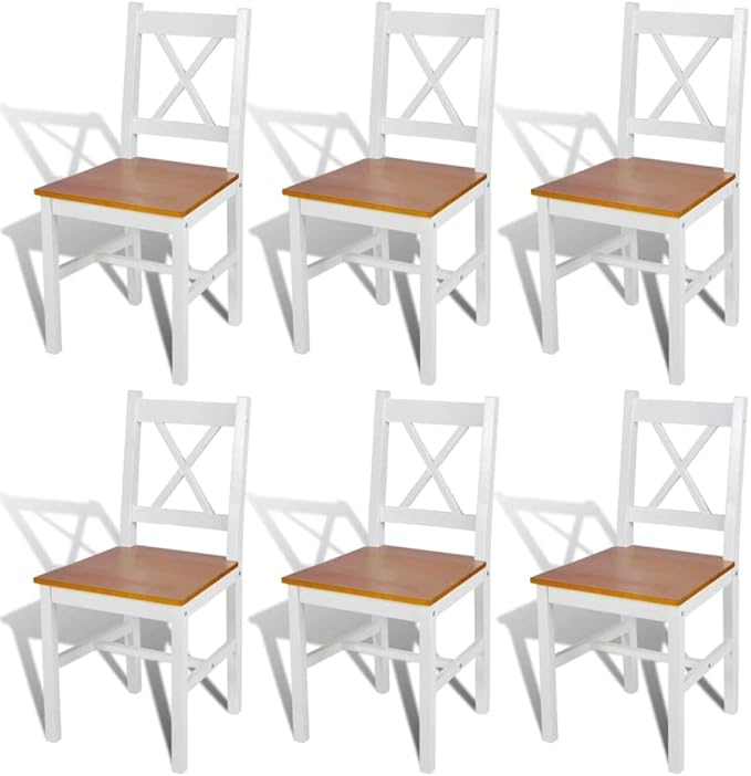 Pine Dining Chair Set of 6 White Natural Wood Modern Farmhouse Seats 17.9x16.3x33.7 in Solid Construction Ergonomic Kitchen Furniture for Dining Room