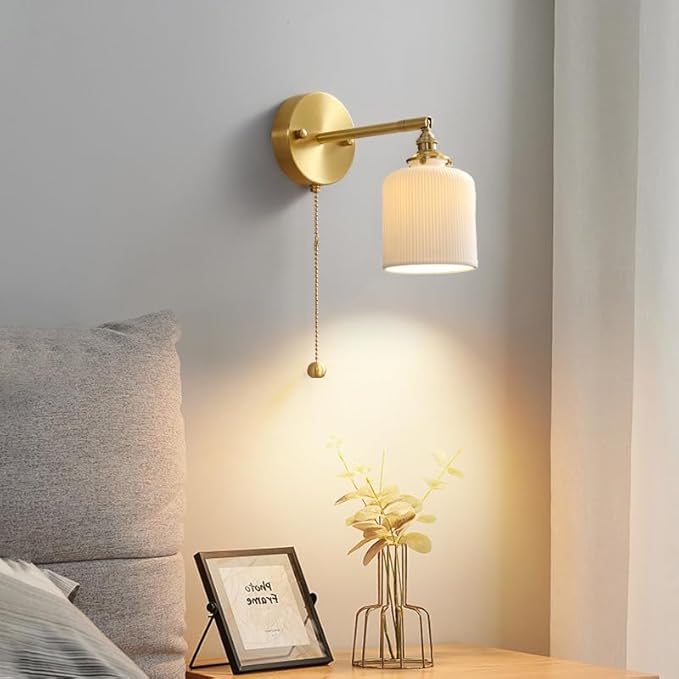 Vintage Wall Sconce Light Ceramic Wall Lamp with Pull Chain Switch White Ceramic Shade Retro Gold Brass Wall Lighting for Bedroom Kitchen Sink Farmhouse