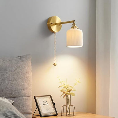 Vintage Wall Sconce Light Ceramic Wall Lamp with Pull Chain Switch White Ceramic Shade Retro Gold Brass Wall Lighting for Bedroom Kitchen Sink Farmhouse