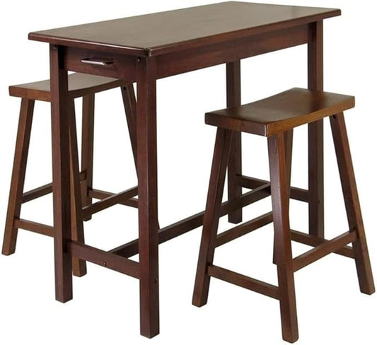 Pemberly Row 3-Piece Solid Wood Kitchen Island Dining Set, Walnut Finish, Table with Drawers, Saddle Seat Stools, Transitional Style for Breakfast Nook or Small Dining Spaces