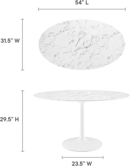 Modway Lippa 54" Oval-Shaped Mid-Century Modern Dining Table with Artificial Marble Top and White Base