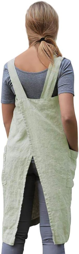 Larmliss Women's Pinafore Square Apron Baking Cooking Gardening Works Cross Back Cotton/Linen Blend Dress with 2 Pockets