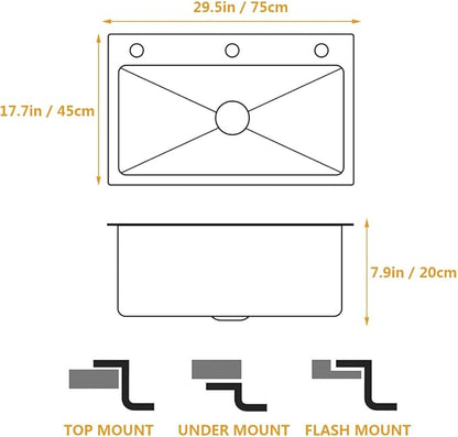 ARTLINE 16 Gauge Black Kitchen Sink, 3 Hole Stainless Steel Kitchen Sink, Drop In/Topmount Single Bowl Workstation Sink, Farmhouse Workstation sink with Multiple Accessories (29.5 x 17.7in)