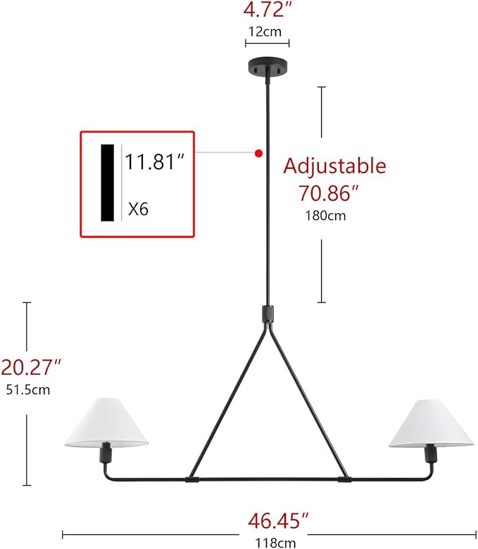 Modern 2-Light Kitchen Island Lighting 46.45 inch Matte Black Linear Chandelier with Fabric Shade Classic Farmhouse Pendant Lights Over Table for Dining Room Bar E12