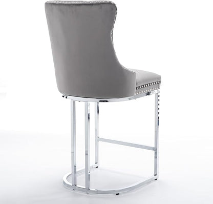 26" Counter Height Bar Stools Set of 2, Modern Velvet with Button Back Rivet Trim Upholstered Kitchen Island Chairs with Sturdy Chromed Metal Base Legs Farmhouse Bar Stools, (Gray,2 Pack)