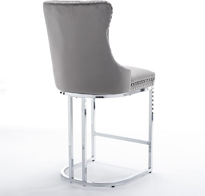 26" Counter Height Bar Stools Set of 2, Modern Velvet with Button Back Rivet Trim Upholstered Kitchen Island Chairs with Sturdy Chromed Metal Base Legs Farmhouse Bar Stools, (Gray,2 Pack)