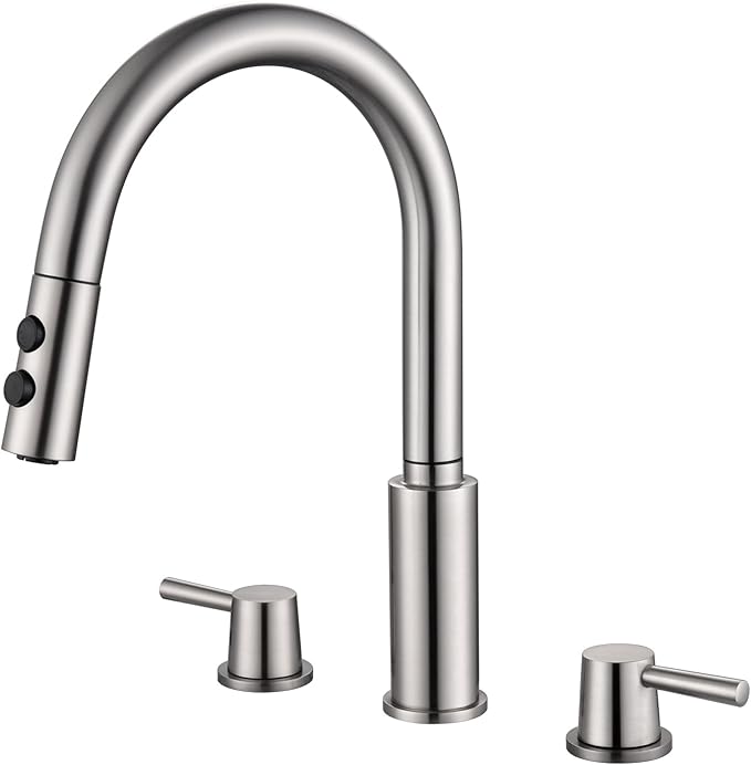 RULIA Brand, Double Handle Kitchen Faucet, 3 Holes Sink Faucet, Pull Down, Brushed Nickel, Stainless Steel, RB1063