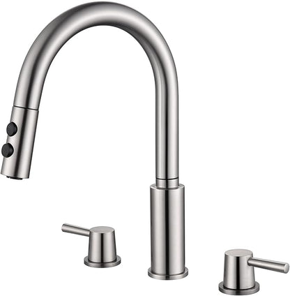 RULIA Brand, Double Handle Kitchen Faucet, 3 Holes Sink Faucet, Pull Down, Brushed Nickel, Stainless Steel, RB1063