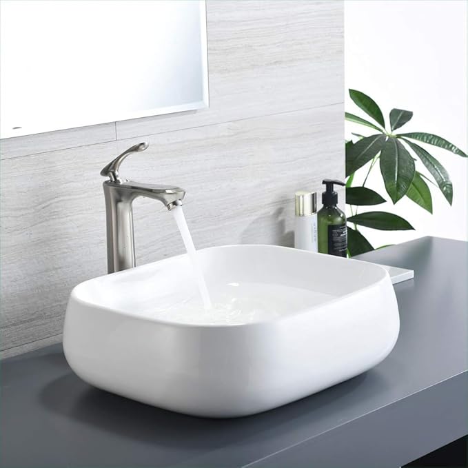 Rectangle Vessel Sink, 18"x16" Modern White Ceramic Bathroom Vessel Sink Above Counter Lavatory Vanity Porcelain Washinng Art Basin