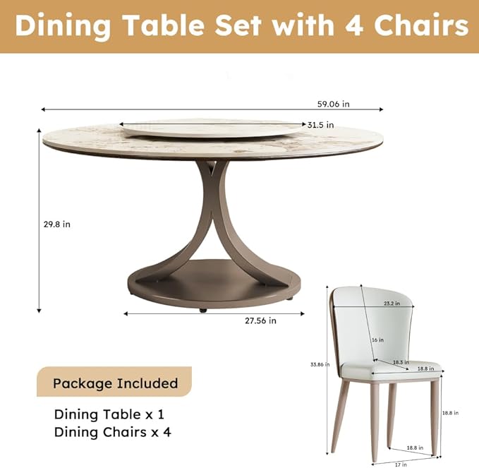 Modern Sintered Stone Dining Table for 4-6, Luxury Rectangular Kitchen Dinette with Faux Marble Top & Heavy-Duty Metal Legs, Heat-Resistant Furniture for Dining Room (59" + 4 Chairs)