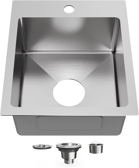 15" x 17" Drop in Bar Sink 304 Stainless Steel Single Bowl Kitchen Sink with Drain Kit, Brushed