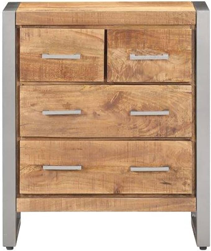 Industrial Sideboard, Rough Mango Wood, Iron Frame, 23.6" Long, 4-Drawer Storage Cabinet for Living Room, Natural Brown Kitchen Furniture