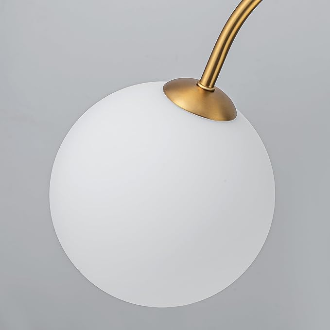 LamQee 6 Lights Mid Century Modern Chandelier, Milk Glass Globe Chandelier Light Fixture with Gold Metal & White Ball, Large Pendant Lighting Ceiling Hanging for Dining Room Kitchen Island Entryway