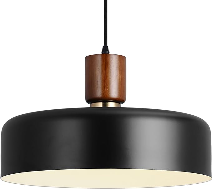 Industrial Pendant Light, Rubber Wood Dome Hanging Lamp with 15.8" Hammered Metal Shade, Black Modern Light Fixtures for Kitchen Island, Living Room,Restaurant,Farmhouse Dining Room, Bedroom, Hallway