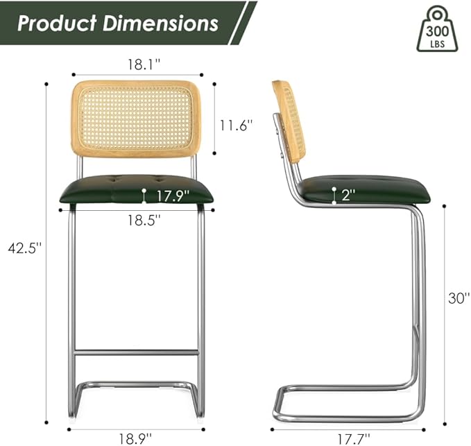 Counter Height Bar Stools Set of 2, Upholstered PU Leather Barstools with Rattan Back, for Kitchen Island, Black (Green + Metal + Rattan + Rattan+Metal + Modern)