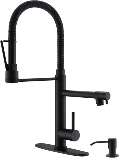 GIMILI Matte Black Kitchen Faucet with Soap Dispenser Commercial Kitchen Faucet with Pull Down Sprayer Double-Headed Single Handle Spring Stainless Steel Kitchen Sink Faucet