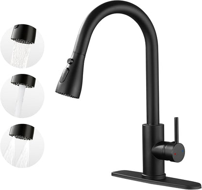 Kitchen Faucet with Pull Down Sprayer，Stainless Steel Single Handle Kitchen Faucet，1/3 Hole, Deck Plate Included，Suitable for farmhouses, Campers, Laundry Rooms, RVs, and Bars(Black)