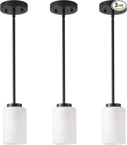 1-Light Mini Pendant Light Fixtures, Industrial Chandelier Hanging Ceiling Lights with Opal White Glass, Adjustable Height, Black Pendant Lamp, 3 Pack