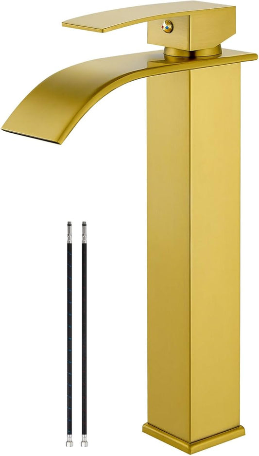 Airuida Brushed Gold Tall Waterfall Bathroom Vessel Sink Faucet Modern Bathroom Vanity Faucet Single Handle Single Hole Farmhouse Bar Mixer Tap Washbasin Faucet Deck Mount