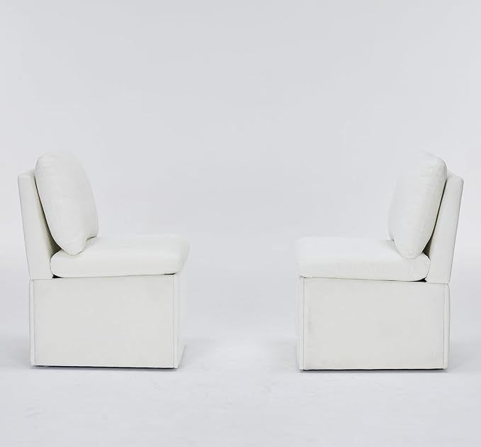 Set of 2 Linen Upholstered Armless Dining Chair with Casters and Storage Space, Modern Dining Room Chairs with Wheels for Dining Room Kitchen Bedroom Reading Room Living Room, Ivory