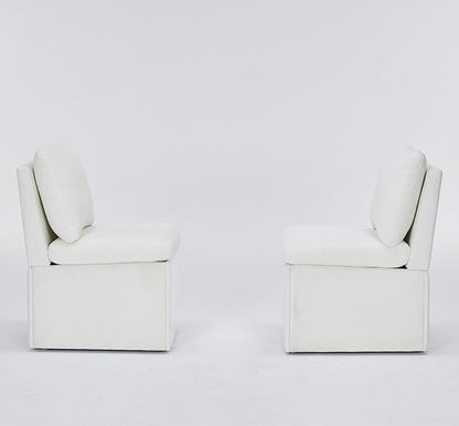 Set of 2 Linen Upholstered Armless Dining Chair with Casters and Storage Space, Modern Dining Room Chairs with Wheels for Dining Room Kitchen Bedroom Reading Room Living Room, Ivory