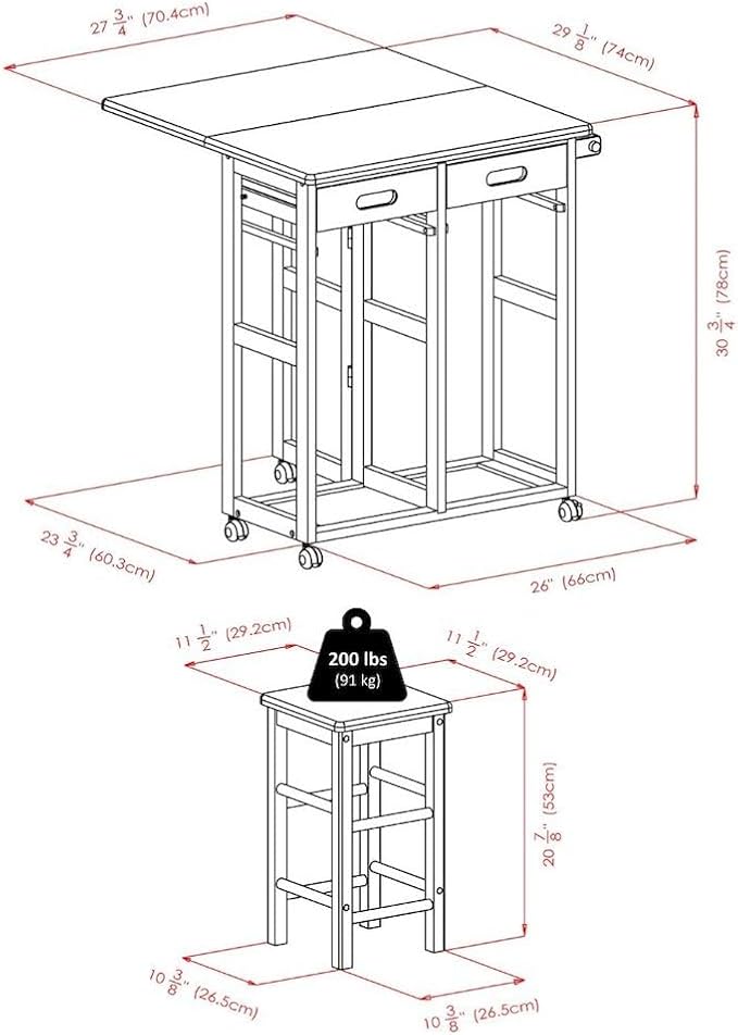 Furnifact Folding Kitchen Trolley Drop Leaf Table with Two Stools, Compact Folding Dining Table with Chairs and Storage, Small Kitchen Cart with Seating
