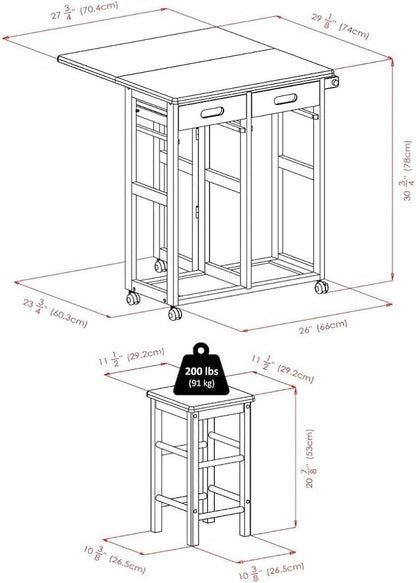 Furnifact Folding Kitchen Trolley Drop Leaf Table with Two Stools, Compact Folding Dining Table with Chairs and Storage, Small Kitchen Cart with Seating