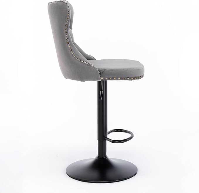 Rhomtree Velvet Swivel Bar Stools Upholstered Bar Stool with Button Tufted Back and Pull Ring Height Adjustable Barstools 25-33 Inch for Home Pub and Kitchen Island (Gray with Black Base, Set of 6)