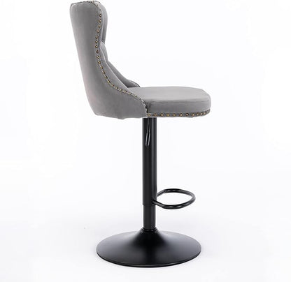 Rhomtree Velvet Swivel Bar Stools Upholstered Bar Stool with Button Tufted Back and Pull Ring Height Adjustable Barstools 25-33 Inch for Home Pub and Kitchen Island (Gray with Black Base, Set of 4)