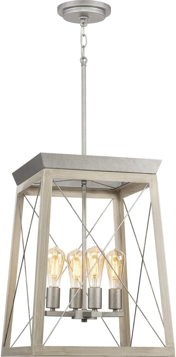 Progress Lighting Briarwood Collection 21 in. 4-Light Galvanized Farmhouse Foyer Chandelier with Painted Bleached Oak