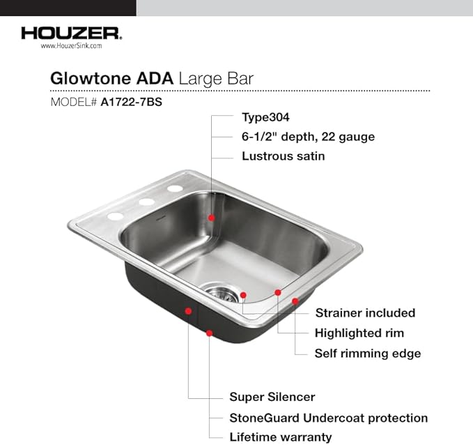 Houzer Glowtone ADA Compliant 17 inch Stainless Steel Topmount 3-hole Bar Sink with Strainer- A1722-7BS-1