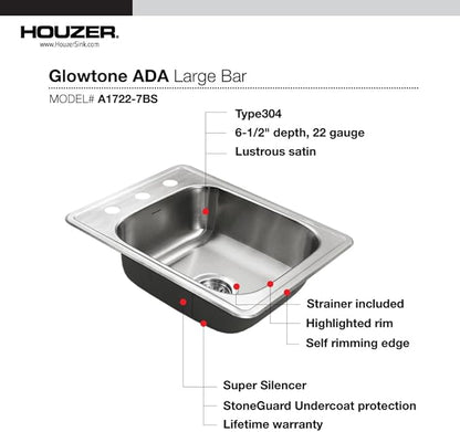 Houzer Glowtone ADA Compliant 17 inch Stainless Steel Topmount 3-hole Bar Sink with Strainer- A1722-7BS-1