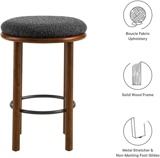 Modway Fable 26 Inch Backless Counter Stools Set of 2 in Walnut Charcoal - Kitchen Stools Counter Height - 2Pcs Upholstered Padded Boucle Seat for Kitchen Counter or Island with Wood Legs and Footrest