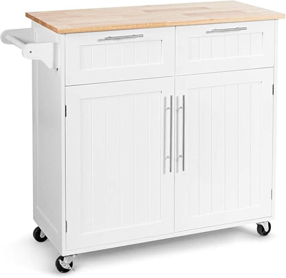 Giantex Kitchen Island Cart, Rolling Island Table with Rubber Wood Tabletop, 2 Drawers, Storage Cabinet & Towel Rack, Bar Kitchen Cart On Wheels for Dining Room (White)