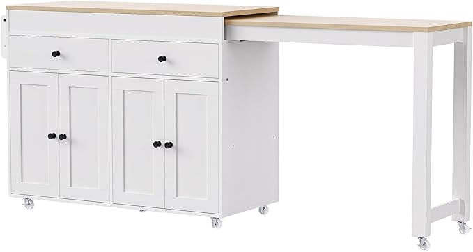 74.5 Inch Kitchen Island with Extendable Dining Table, Rolling on Wheels, Spice Rack, 2 Drawers, 4 Door Cabinet(White)