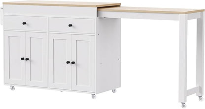 74.5 Inch Kitchen Island with Extendable Dining Table, Rolling on Wheels, Spice Rack, 2 Drawers, 4 Door Cabinet(White)