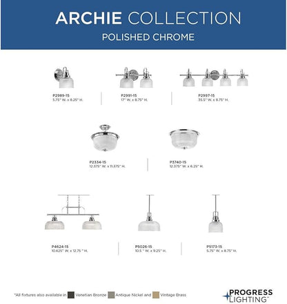Progress Lighting 4-Light Clear Double Prismatic Glass Coastal Bath Vanity Light, Archie Collection, Indoor, P2997-15, Polished Chrome