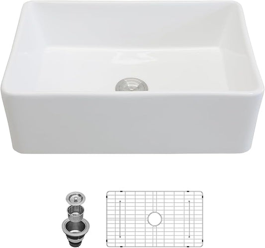 30 Farm Sink White - Kichae 30 x 20 x 9 Inch Farmhouse Kitchen Sink Flat Apron Front White Ceramic Porcelain Fireclay Single Bowl Rectangular Farmer Basin