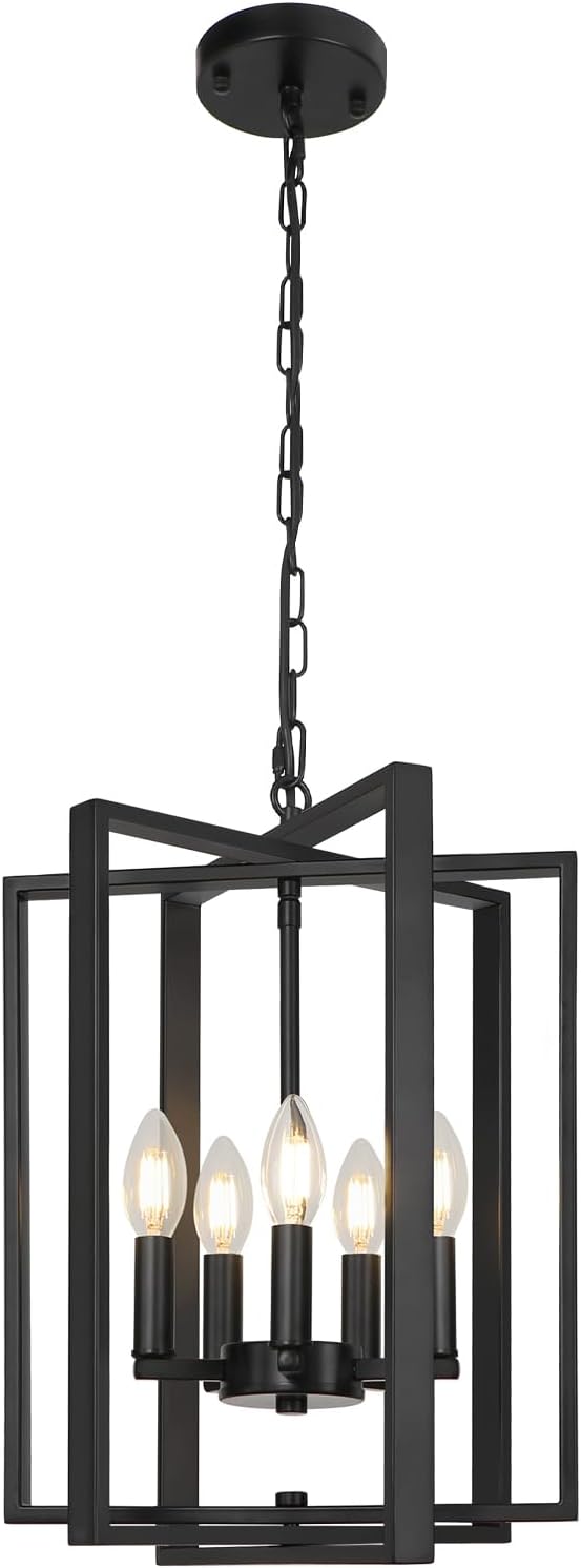 LynPon 12.4" Modern Black Chandelier, 5 Lights Farmhouse Chandelier Foyer Lighting Fixtures Rustic Hanging Pendant Light for Dining Room Kitchen Living Room Bedroom Hallway Stairway Entryway