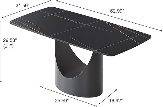 Modern Sintered Stone Kitchen Table 63x31.5 Inch, Rectangular Dining Room Table for 4-6 People, Stain Resistant Round Corner Desktop, Stable Iron Legs for Home and Office Use