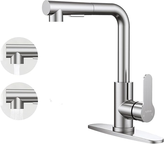 Kitchen Faucets, Kitchen Faucet with Pull Down Sprayer and Deck Plate, Commercial Utility Kitchen Faucets for Sink 1-3 Hole for Bar RV Camper Laundry Outdoor Farmhouse, Brushed Nickel