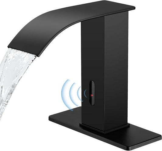 Automatic Motion Sensor Faucet with Waterfall Spout,Stainless Steel Sink Faucet with Hole Cover Plate (Regular, Black)