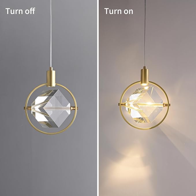 HEYAN Pendant Light Modern Crystal Pendant Light in Gold Brushed,Small Mini Crystal Chandelier Pendant Lights for Island Bar,Bedroom Lighting, Hallway, Dining Room,Living Room (Gold, 1 Light)