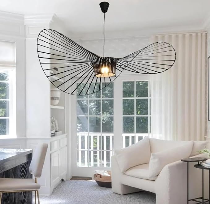 Modern Black Woven Chandelier, 55.1" Farmhouse Coastal Hat Pendant Light Fixtures Matte Black Handwoven Shade Boho Pendant Hanging Lamp for Kitchen Dining Room Bedroom Foyer Hallway
